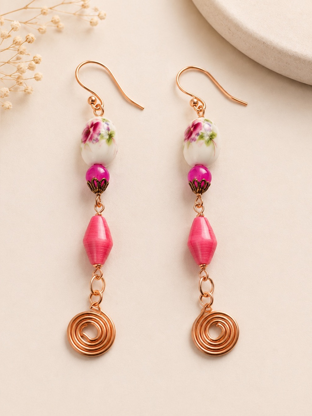 Chic Pink and Gold Swirl Dangle Earrings